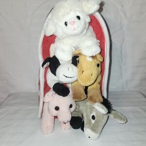 Plush Barn Carrying Case with 5 Farm Animals, Pig, Horse, Cow, Sheep, Donkey